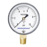 MEASUREMAN Diaphragm Type Capsule Low Pressure Gauge, 2-1/2" Dial, 1/4" NPT Lower Mount, Adjustable, 0-10Psi