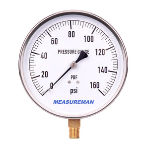MEASUREMAN 4-1/2" Dial Size, 304 Stainless Steel Case,Drinking Water Lead Free Contractor Pressure Gauge, 0-160Psi,+/-1% Accuracy, 1/4" NPT Lower Mount