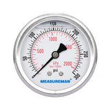 Measureman 2-1/2" Dial Size, Liquid Filled Pressure Gauge, 0-300psi/2000kpa, 304 Stainless Steel Case, 1/4"NPT Back Mount