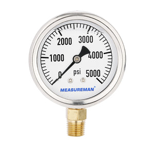 Measureman 2-1/2" Dial Size, Glycerin Filled Plumbing Pressure Gauge, 0-5000psi, Stainless Steel Case, 1/4"NPT Lower Mount