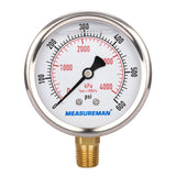 Measureman 2-1/2" Dial Size, Oil Filled Pressure Gauge, 0-600psi/4000kpa, 304 Stainless Steel Case, 1/4"NPT Lower Mount