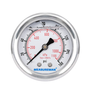 Measureman 2" Dial Size, Glycerin Filled Pressure Gauge, 0-160psi/1100kpa, 304 Stainless Steel Case, 1/4"NPT Back Mount