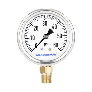 Measureman 2-1/2" Dial Size, Glycerin Filled Plumbing Pressure Gauge, 0-60psi, Stainless Steel Case, 1/4"NPT Lower Mount