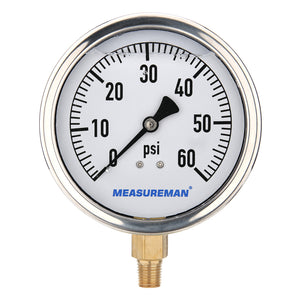 Meaureman 4" Dial Size, Glycerin Filled Plumbing Pressure Gauge, 0-60psi, Stainless Steel Case, 1/4"NPT Lower Mount