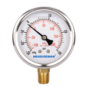 MEASUREMAN 2-1/2" dial, 1/4"NPT Lower, Glycerin Filled, Stainless Steel case, Brass Inside, 30inHg/-100kpa-0-30psi/200kpa