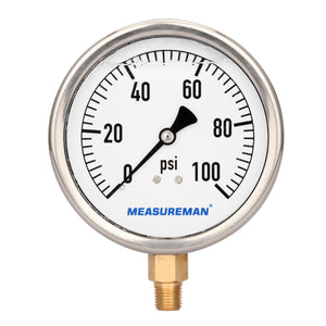Meaureman 4" Dial Size, Glycerin Filled Plumbing Pressure Gauge, 0-100psi, Stainless Steel Case, 1/4"NPT Lower Mount