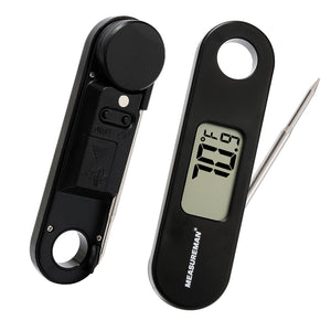MEASUREMAN Digital Instant Read Foldaway Meat Thermometer Black ABS body, food grade stainless steel probe, 2-1/2" length, designed with kitchen hook, -58-572F/C