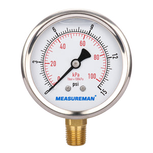 Measureman 2-1/2" Dial Size, Glycerin Filled Pressure Gauge, 0-15psi/100kpa, 304 Stainless Steel Case, 1/4"NPT Lower Mount