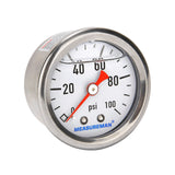 MEASUREMAN 1-1/2" Dial Size, 304 Stainless Steel case, Liquid Filled Fuel Pressure Gauge, 0-100Psi, 3-2-3%, 1/8"NPT Center Back Mount