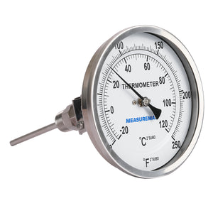 Measureman Every Angle Fully Stainless Steel Pot, Kettle, Brewing Dial Industrial Bimetal Thermometer, 5" Dial, 4" Stem, 0-250 deg F/-20-120 deg C, +/-1% Accuracy, Adjustable, 1/2" NPT