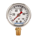 Measureman 1-1/2" Dial Size, 304 Stainless Steel case, Liquid Filled Fuel Pressure Gauge, 0-100Psi, -3-2-3%, 1/8"NPT Lower Mount