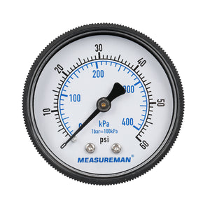 Measureman 2" Swimming Pool Pressure Gauge, 1/4"NPT Back Mount, 0-60psi/kpa, Plastic Case