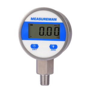 Measureman 2-1/2" dial, Digital Industrial Pressure Gauge with 1/4"NPT lower mount, stainless steel case and connection, 0-30psi/bar, 1%,Battery Powered, With LED light