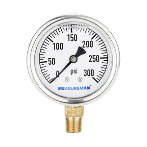 Measureman 2-1/2" Dial Size, Glycerin Filled Plumbing Pressure Gauge, 0-300psi, Stainless Steel Case, 1/4"NPT Lower Mount