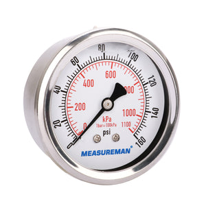 MEASUREMAN 2-1/2" Dial Size, Glycerin Filled Pressure Gauge, 0-160psi/kpa, 304 Stainless Steel Case, 1/4"NPT Center Back Mount