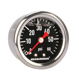 MEASUREMAN Fuel Pressure Gauge 0-60psi 1.5" Dial, 1/8"NPT Back, Stainless Steel Case, Brass Inside, Glycerin Filled, Black Dial
