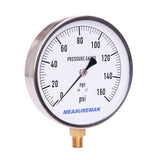 MEASUREMAN 4-1/2" Dial Size, 304 Stainless Steel Case,Drinking Water Lead Free Contractor Pressure Gauge, 0-160Psi,+/-1% Accuracy, 1/4" NPT Lower Mount