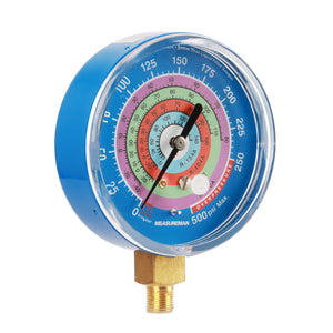 Measureman Refrigeration Pressure Gauge, 3-1/8" Dial, Blue Dial, 1/8" NPT Lower Mount, 30inHg-0-250psi, 250-500psi Retarded Range, R-134a, R-404A, R-22, R-410A, Degree F, Adjustable Pointer