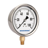 Meaureman 4" Dial Size, Glycerin Filled Plumbing Pressure Gauge, 0-100psi, Stainless Steel Case, 1/4"NPT Lower Mount