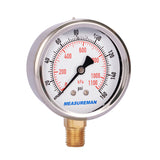 Measureman 2-1/2" Dial Size, Oil Filled Pressure Gauge, 0-160psi/kpa, 304 Stainless Steel Case, 1/4"NPT Lower Mount