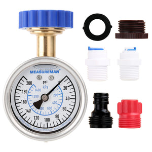 MEASUREMAN 2-1/2" Water Pressure Gauge Kit 6 Parts Kit, Lead-Free Brass, 2-1/2" dial, 0-200 Psi，Glycerin Filled,3/4" Hose Thread, Plus 5 Adapters
