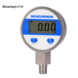 Measureman 2-1/2" dial, Digital Industrial Pressure Gauge with 1/4"NPT lower mount, stainless steel case and connection, 0-30psi/bar, 1%,Battery Powered, With LED light