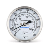 Measureman Fully Stainless Steel Bimetal Dial Thermometer, 3" Dial, 4" Stem, 50-550 deg F/10-260 deg C, +/-1% Accuracy, Adjustable, 1/2" NPT Back Mount