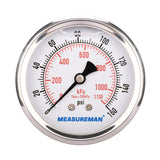 MEASUREMAN 2-1/2" Dial Size, Glycerin Filled Pressure Gauge, 0-160psi/kpa, 304 Stainless Steel Case, 1/4"NPT Center Back Mount