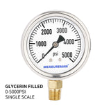 Measureman 2-1/2" Dial Size, Glycerin Filled Plumbing Pressure Gauge, 0-5000psi, Stainless Steel Case, 1/4"NPT Lower Mount