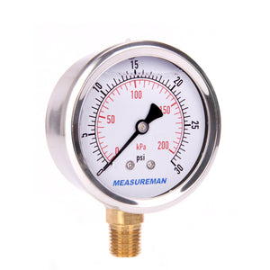 Measureman 2-1/2" Dial Size, Oil Filled Pressure Gauge, 0-30psi/kpa, 304 Stainless Steel Case, 1/4"NPT Lower Mount