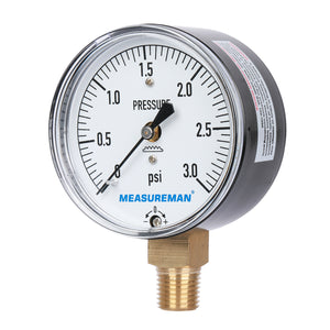 Measureman Diaphragm Type Capsule Low Pressure Gauge, 2-1/2" Dial, 1/4"NPT Lower Mount, Adjustable, 0-3Psi