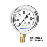 Measureman 2-1/2" Dial Size, Glycerin Filled Plumbing Pressure Gauge, 0-60psi, Stainless Steel Case, 1/4"NPT Lower Mount