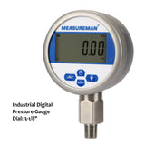 Measureman 3-1/8" dial, Digital Hydraulic Industrial Precision Pressure Gauge with 1/4"NPT Lower Mount, Stainless Steel Case and Connection, 0-3000psi/bar, 0.4%,Battery Powered, With LED Light