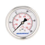 Measureman 2-1/2" Dial Size, Glycerin Filled Pressure Gauge, 0-100psi/kpa, 304 Stainless Steel Case, 1/4"NPT Center Back Mount