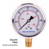 Measureman 2-1/2" Dial Size, Liquid Filled Pressure Gauge, 0-60psi/kpa, 304 Stainless Steel Case, 1/4"NPT Lower Mount-50pcs