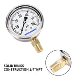 Measureman 2-1/2" Dial Size, Glycerin Filled Plumbing Pressure Gauge, 0-30psi, Stainless Steel Case, 1/4"NPT Lower Mount