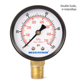 Measureman Pressure Gauge 0-100psi/kpa Dry Air Pressure Gauge, 2" Dial Size, 1/4"NPT Lower Mount 5pieces