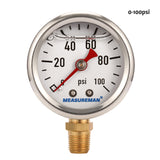 Measureman 1-1/2" Dial Size, 304 Stainless Steel case, Liquid Filled Fuel Pressure Gauge, 0-100Psi, -3-2-3%, 1/8"NPT Lower Mount