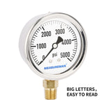 Measureman 2-1/2" Dial Size, Glycerin Filled Plumbing Pressure Gauge, 0-5000psi, Stainless Steel Case, 1/4"NPT Lower Mount