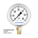 Measureman 2-1/2" Dial Size, Glycerin Filled Plumbing Pressure Gauge, 0-60psi, Stainless Steel Case, 1/4"NPT Lower Mount