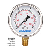 Measureman 2-1/2" Dial Size, Glycerin Filled Pressure Gauge, 0-15psi/100kpa, 304 Stainless Steel Case, 1/4"NPT Lower Mount