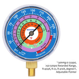 Measureman Refrigeration Pressure Gauge, 2-3/4" Dial, Blue Dial, 1/8" NPT Lower Mount, 30inHg-0-250psi, 250-500psi Retarded Range, R-404A, R-22, R-410A, Degree F, Adjustable Pointer