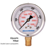 Measureman 2-1/2" Dial Size, Liquid Filled Hydraulic Pressure Gauge, 0-5000psi/kpa, 304 Stainless Steel Case, 1/4"NPT Lower Mount