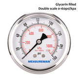 MEASUREMAN 2-1/2" Dial Size, Glycerin Filled Pressure Gauge, 0-160psi/kpa, 304 Stainless Steel Case, 1/4"NPT Center Back Mount