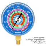 Measureman Refrigeration Pressure Gauge, 3-1/8" Dial, Blue Dial, 1/8" NPT Lower Mount, 30inHg-0-250psi, 250-500psi Retarded Range, R-134a, R-404A, R-22, R-410A, Degree F, Adjustable Pointer