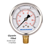 MEASUREMAN 2-1/2" dial, 1/4"NPT Lower, Glycerin Filled, Stainless Steel case, Brass Inside, 0-10psi/kpa