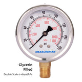 Measureman 2-1/2" Dial Size, Oil Filled Pressure Gauge, 0-160psi/kpa, 304 Stainless Steel Case, 1/4"NPT Lower Mount-50pcs
