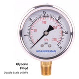 Measureman 2-1/2" Dial Size, Oil Filled Pressure Gauge, 0-30psi/kpa, 304 Stainless Steel Case, 1/4"NPT Lower Mount