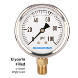 MEASUREMAN 2-1/2" Dial Size, Glycerin Filled Plumbing Pressure Gauge, 0-100psi, Stainless Steel Case, 1/4"NPT Lower Mount