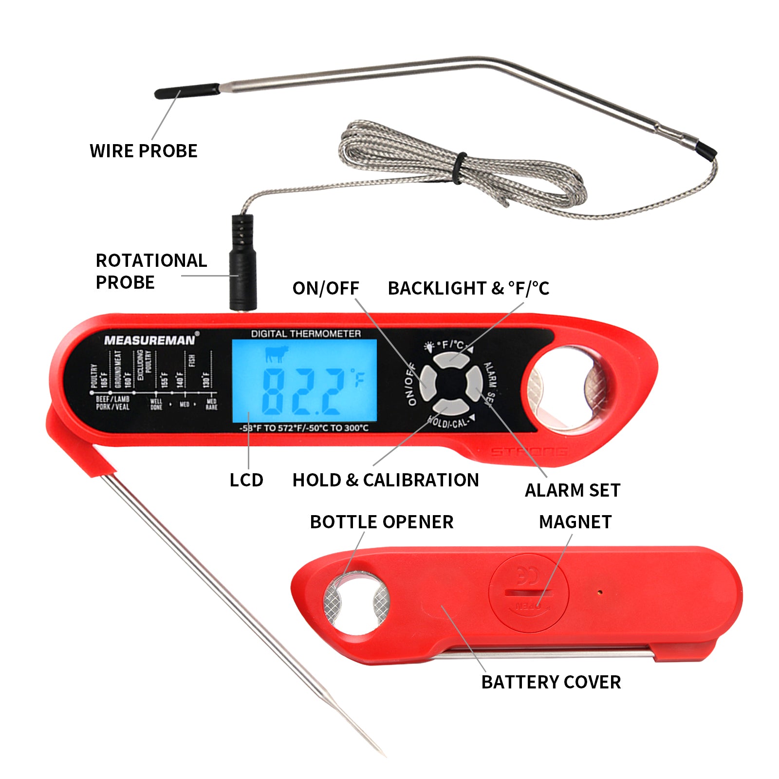 Digital Meat Thermometer with Probe for Oven / Grill / Barbecue / Fryer /  Smoker